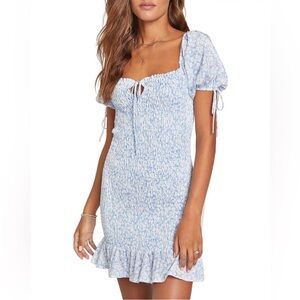 Lost + Wander floral Light Blue and White Smocked Tie-Front Dress size M